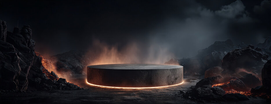 rock podium background stone black 3d gold coal product scene lava platform dark. abstract rock podium background water golden magma volcano luxury presentation smoke display stage crater mountain