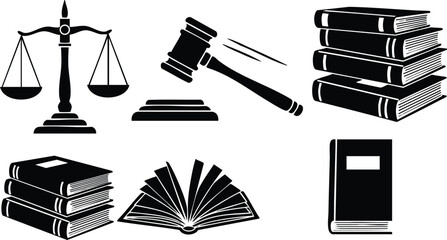 Flat design black law icon set scales gavel and stack of books open book legal symbols court theme isolated vector art monochrome high contrast minimalist silhouette