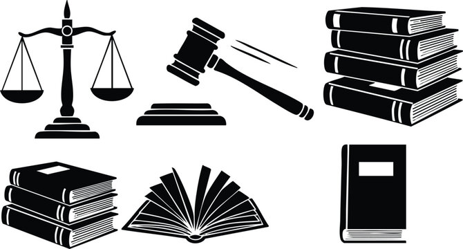 Flat design black law icon set scales gavel and stack of books open book legal symbols court theme isolated vector art monochrome high contrast minimalist silhouette