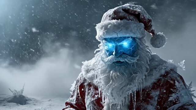 Scary santa claus transformation from normal to frozen and glowing blue eyes in snowy mystical landscape.