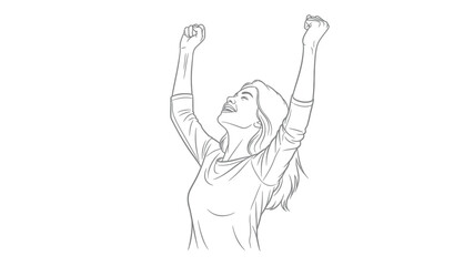 A joyful woman with arms raised in celebration depicted in a simple sketch style