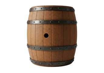 Fototapeta premium a single, traditional chestnut wood aging barrel showcasing deep grain texture and dark iron hoops, centered bung hole, dramatic split lighting on a high-key white background. concept for luxury aged