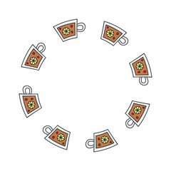 Set of round wreaths with doodle hot tea in cups, lemon slices, berries isolated on white background.