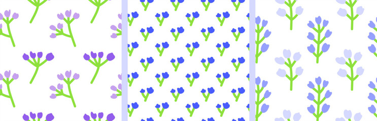 Set of delicate seamless patterns with petite meadow flowers in soft lavender and blue colors on white backgrounds. Scandinavian floral summer backdrops.