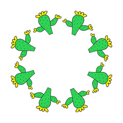 Cute round frame with doodle floral cactuses isolated on white background.
