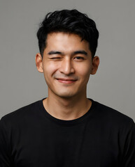 Fototapeta premium Smiling young man with playful wink wearing a casual black t-shirt against a plain gray background