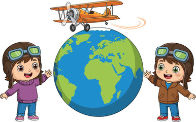 Two happy cartoon children dressed as aviators with goggles, standing beside the Earth globe while a vintage biplane flies overhead, symbolizing world travel, aviation, and global adventure. © Madhob Creatives