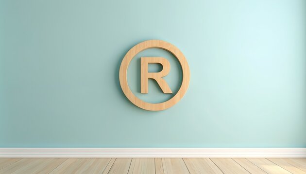 Wooden circle logo with R symbol on pale blue wall. Represents brand protection and intellectual property rights. Modern minimalist design for business presentations.