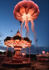 Abandoned Amusement Park Overtaken Luminous Coral Glowing Jellyfish