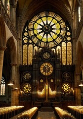 Ancient Cathedral Made Typewriters Clock Gears Shafts Golden Light