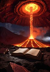 Ancient Library Inside Volcano Crater Glowing Magma Light Floating