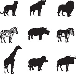 Fototapeta premium Silhouettes of African Wildlife Animals in Black and White