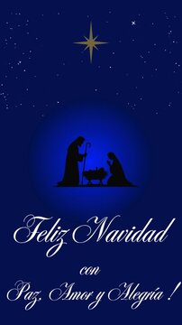 Feliz Navidad con Paz, Amor y Alegr&iacute;a ! Tarjeta de felicitaci&oacute;n cristiana vertical en v&iacute;deo, escena navide&ntilde;a con Mar&iacute;a, Jos&eacute; y el ni&ntilde;o Jes&uacute;s en un pesebre bajo la estrella de Bel&eacute;n sobre un fondo azul
