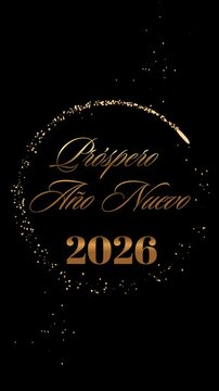 Una lujosa tarjeta de felicitaci&oacute;n animada con texto dorado que dice &laquo;Pr&oacute;spero A&ntilde;o Nuevo 2026&raquo; y part&iacute;culas doradas brillantes y purpurina sobre un fondo negro.	