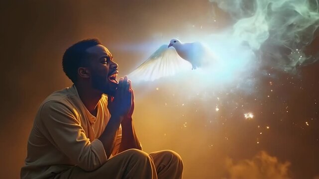 Pentecost concept art. Glowing white dove of the holy spirit descending upon a African American man. Man on his knees receiving the holy ghost symbolized by a white glowing dove of fire.