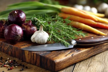 Chopping vegetables and herbs on a wooden cutting board