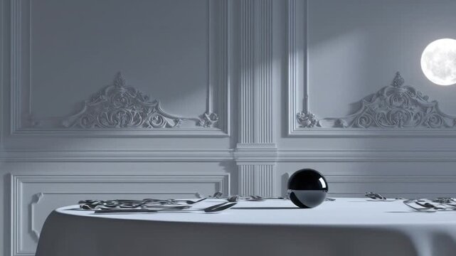 A minimalistic table setting features a reflective sphere and silverware, illuminated by soft moonlight
