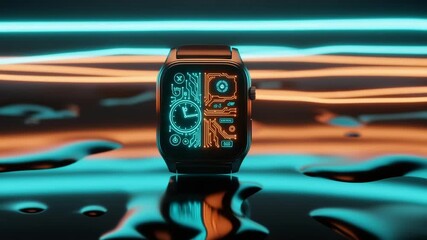 A smartwatch with a neonlit circuit board design on its face sits on a reflective surface with blue and orange neon lights, 4k video