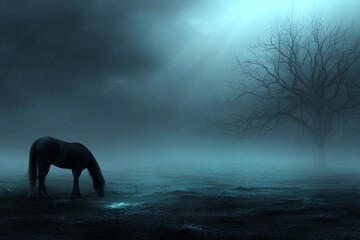 Horse grazes in foggy field near bare tree at dusk