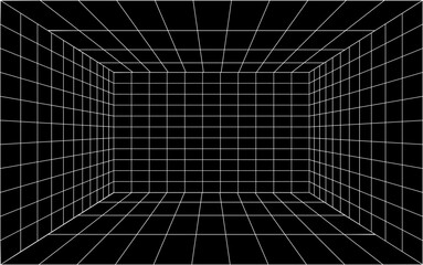 Futuristic with white grid lines and dotted perspective lines creating a 3d effect in a virtual space with geometric shapes and lines