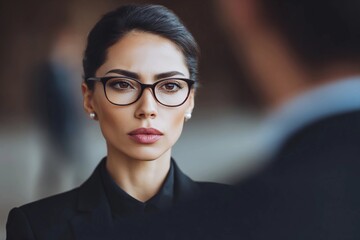 Woman in glasses looks serious during business meeting