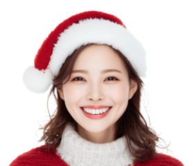 Studio portrait of young Japanese woman wearing Santa Claus hat isolated against a transparent background.	