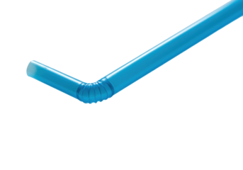 A hyper-detailed cerulean blue disposable plastic straw, corrugated and contorted, rests diagonally on a transparent background with harsh shadows and copy space. Stark environmental message