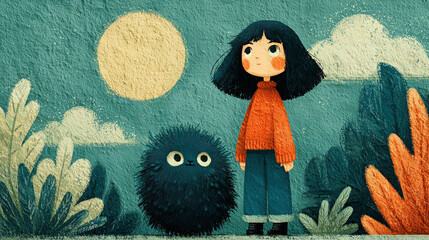 Cute Girl and Fluffy Creature Under the Moon &mdash; Retro Textured Children&rsquo;s Illustration