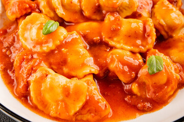 Beef ravioli tomato sauce main course tasty snack fresh delicious gourmet food on the table rustic food top view copy space