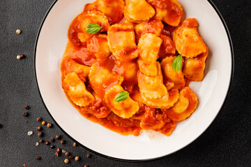 Beef ravioli tomato sauce main course tasty snack fresh delicious gourmet food on the table rustic food top view copy space