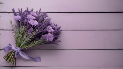 Artistic violet bouquet showcased on minimal soft background leaving abundant space for personalized messages