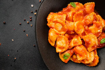 Beef ravioli tomato sauce main course tasty snack fresh delicious gourmet food on the table rustic food top view copy space