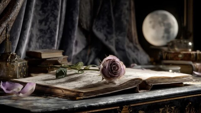 A still life of a rose on an antique book, next to a window with a full moon visible