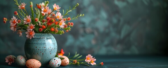 Spring Flowers in Ceramic Vase with Speckled Easter Eggs