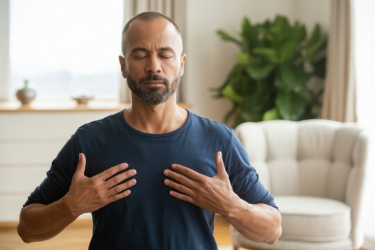 Bearded middle aged man meditating at home finding inner peace and balance 
