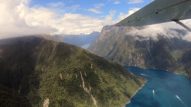 New Zealand. Milford Sound from above - Sightseeing flight over one of the most beautiful fjords