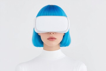 Young Woman with Cool Blue Hair in White VR Headset and Sleek Outfit on White Background