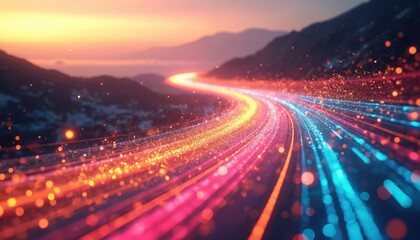 Abstract digital network traffic flows fast along mountain roads at dusk. Neon light streaks, glowing particles indicate data transfer and cyber systems moving quickly.