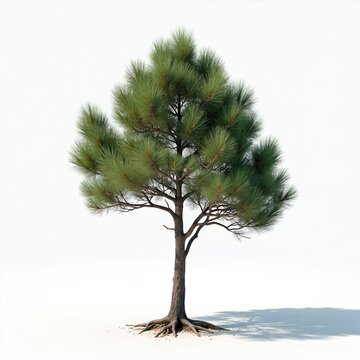 Single Casuarina equisetifolia tree with green leaves and brown trunk. Tree has visible roots and casts shadow on white background. Isolated detailed 3D illustration of tree with realistic texture.