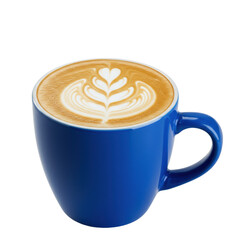 A vibrant sapphire blue ceramic mug holding a creamy latte with detailed rosetta art on white microfoam, isolated against a brilliant white background. Concept for luxury coffee advertisement