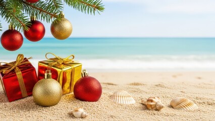 Tropical Christmas Vacation Theme: Festive Ornaments and Gifts on a Sandy Beach with Blue Ocean and Clear Sky, Copy Space for Holiday Greetings