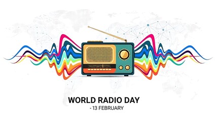 Vintage radio with colorful sound waves and world radio day typography illustration