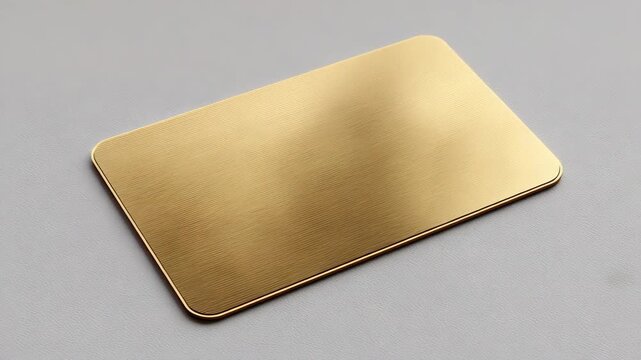 Blank gold metallic card with fine texture shown in realistic style, placed on light gray leather background, symbolizing luxury and exclusivity