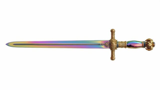 Decorative iridescent sword featuring a detailed golden hilt and vibrant blade, realistic style, isolated on white background, symbol of fantasy