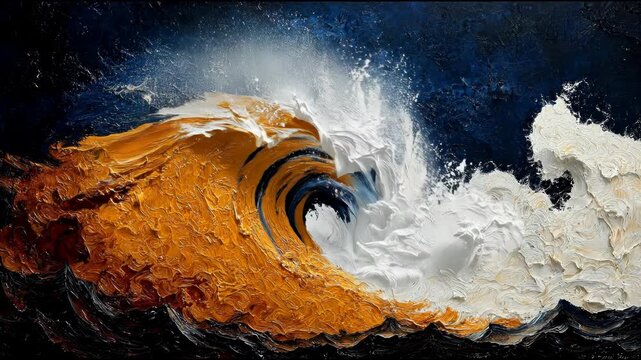 A textured oil painting captures a dynamic ocean wave, with hues of gold, white, and deep blues and blacks, emphasizing the turbulent water