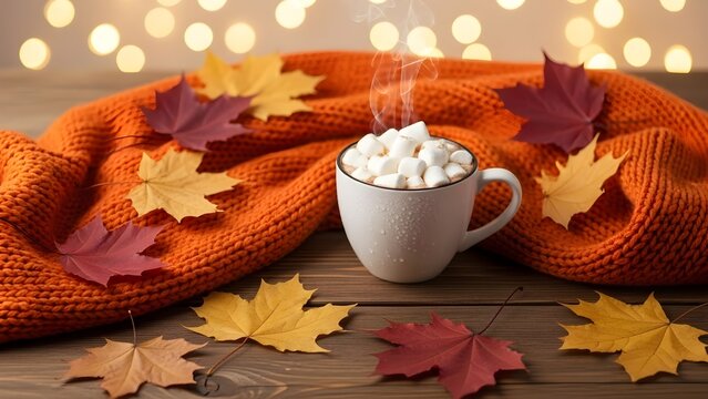 Professional artwork showcasing autumn with fall, hot chocolate, mug, marshmallows - Powered by Adobe