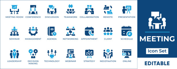 Meeting Business and Teamwork Icon Set. Vector Glyph Icons for Corporate and Management Strategy.