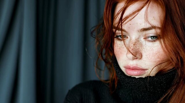 Close-up portrait of a freckled red-haired woman with intense gaze