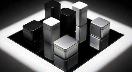 Obraz premium Elegant Still Life Composition of Matte Black, White, and Silver Square Containers on a Reflective Surface with Dramatic Studio Lighting for Product Packaging