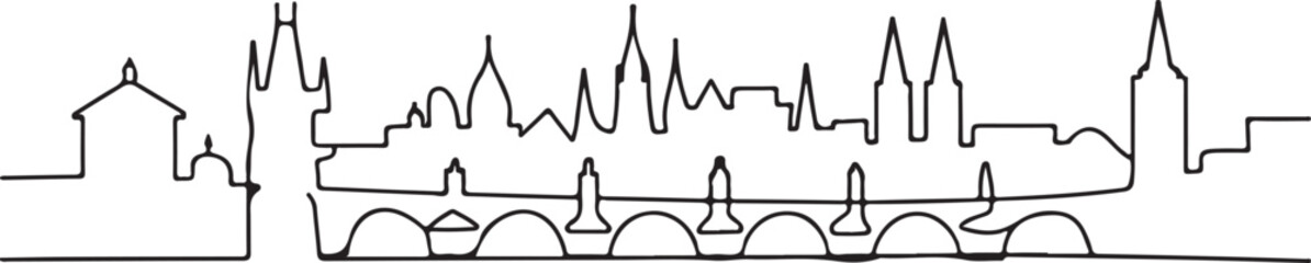 Continuous Line Art Prague Skyline with Charles Bridge in Minimal Contour Outline Style